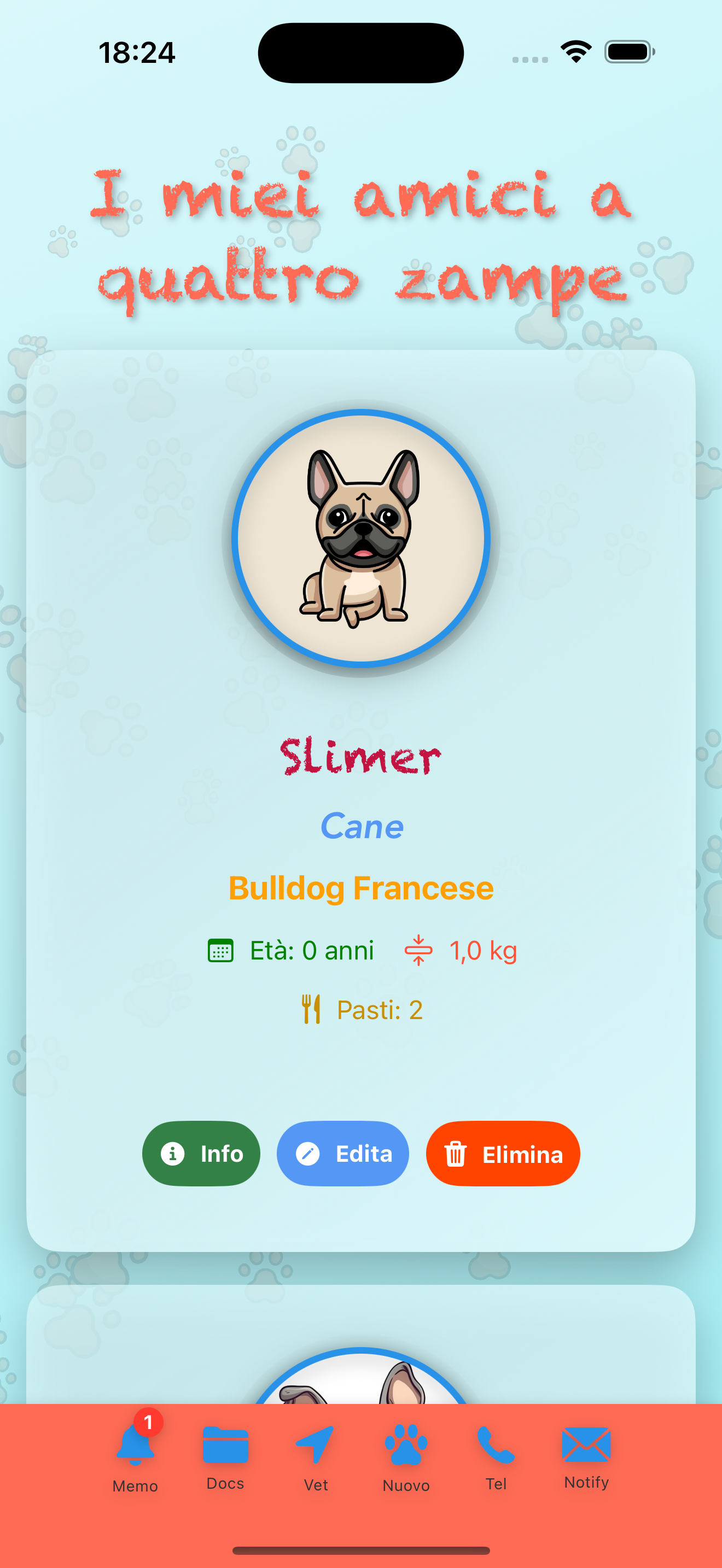 Schermata Home dell'app Sanity Pet